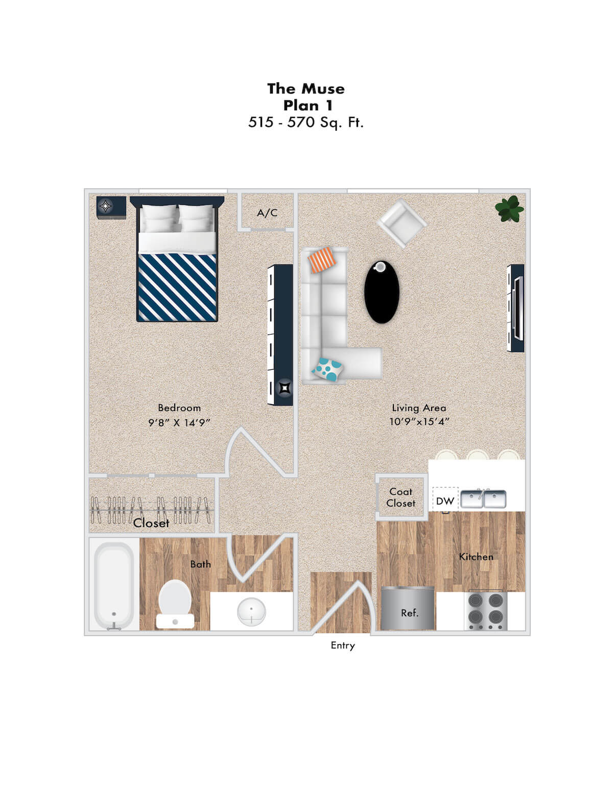 Thalia Floor Plan, 1 Bedroom, 1 Bath